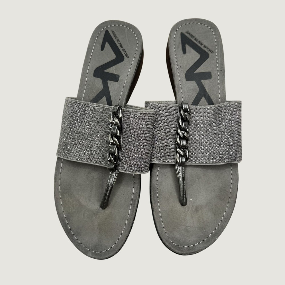 Anne Klein Sport Thong Sandals‎ Womens 7 Grey Metallic Chain Detail Summer